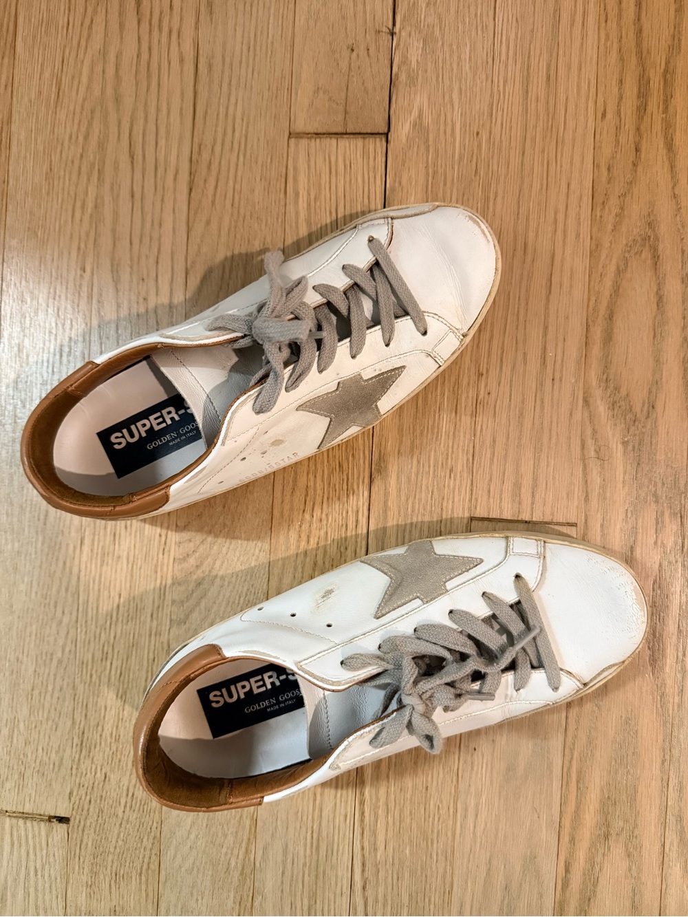 Golden Goose White Leather Sneakers with Gray Star and Tan Heel